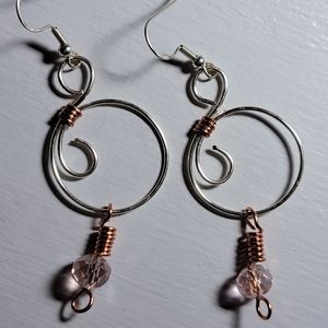 Two Toned Swirly Earrings with Pink Glass Crystal Bead